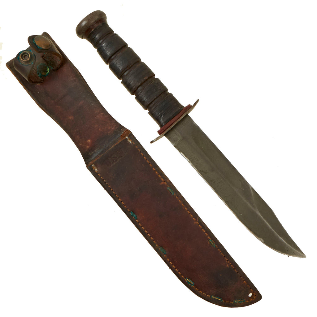 Original U.S. WWII US NAVY PAL RH-37 Fighting Knife with Red Spacers & USN Marked Leather Sheath Original Items