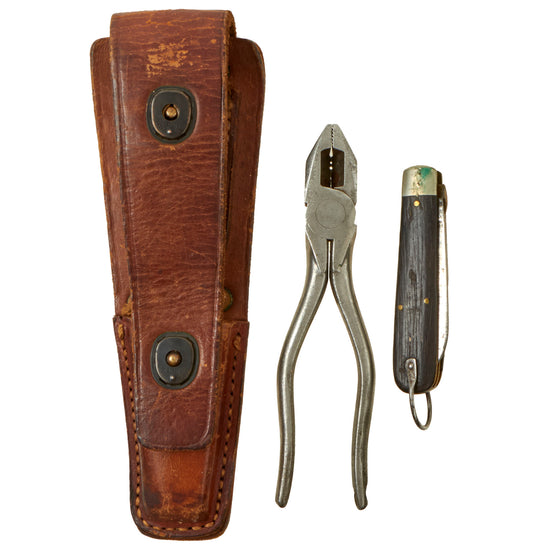 Original U.S. WWII US Army Signal Corps Lineman’s Tool Set With CS-34 Leather Pouch, TL-29 Pocket Knife and H. Boker Pliers