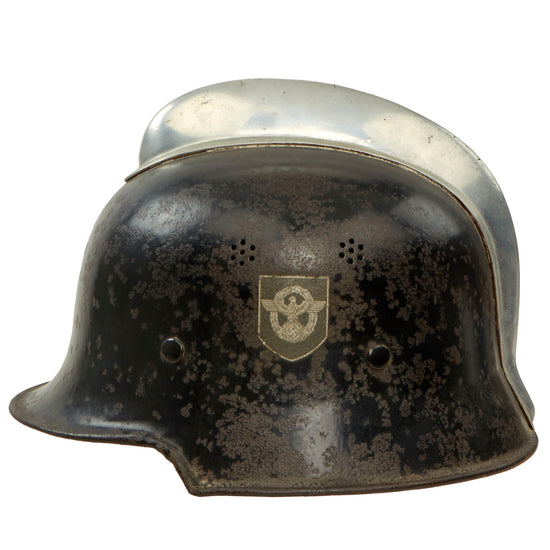 Original German WWII M34 Square Dip Double Decal Fire Protection Police Helmet with Comb and Rare Leather Neck Shield - Feuerwehr