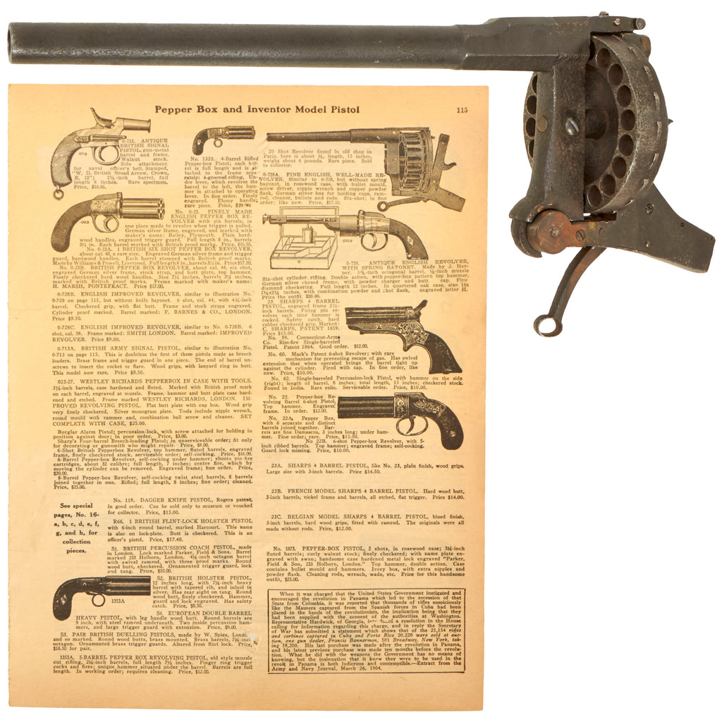 Original French 19th Century Unique Massive 20-Shot Trap Revolver with Original 1927 Bannerman’s Advertisement - Circa 1880 Original Items