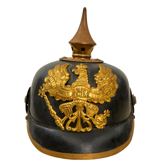 Original German WWI Infantry Regiment 16 Marked Prussian M1895 Pickelhaube Spiked Helmet with Original Cockades & Liner - Dated 1915 - Size 58 Original Items