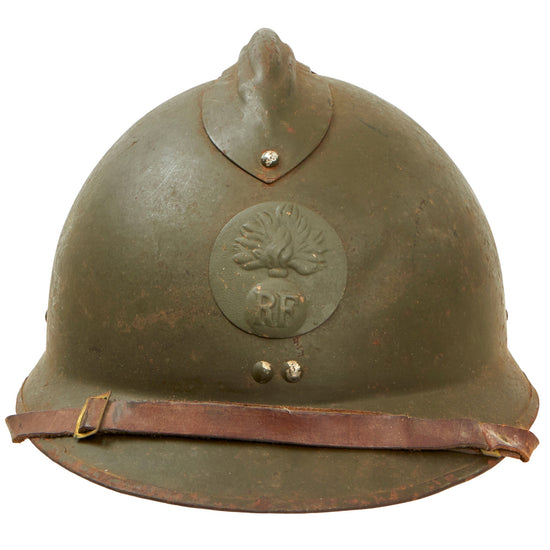 Original French WWII M1926 Adrian Helmet with Liner and Chinstrap - Olive Green Original Items