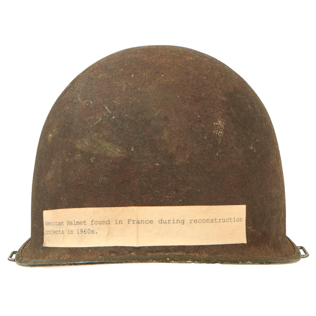 Original U.S. WWII Bullet Struck McCord Front Seam Swivel Bale M1 Helmet With Museum Tag - Ground Dug During French Reconstruction Ca 1960 Original Items