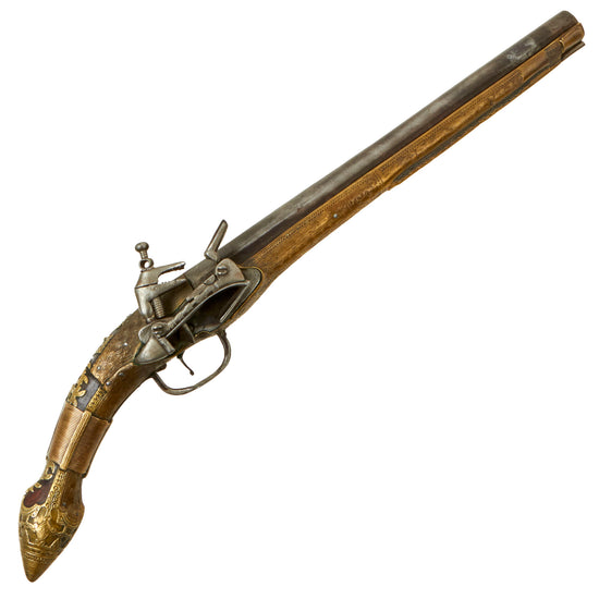 Original 19th Century Balkan Embossed Brass Clad Miquelet Lock Rat Tail "Pirate" Pistol - circa 1800 - 1820