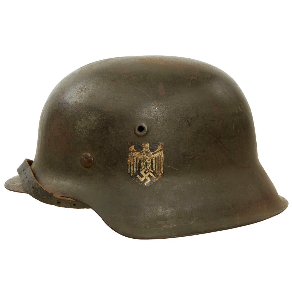 Original German WWII Large M42 Single Decal Army Heer Helmet with 56cm Liner & Chinstrap - Stamped EF66 Original Items