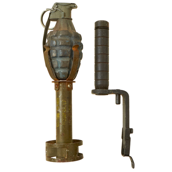 Original U.S. WWII Inert MkII Blue Pineapple Practice Grenade in 1944 Dated M1 Rifle Grenade Adapter with M7 M1 Garand Launcher