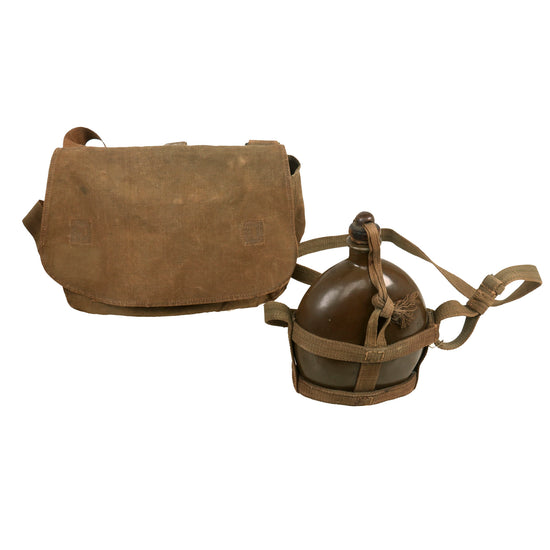 Original Japanese WWII Zatsumo Haversack Musette Bag & Aluminum Canteen in Canvas Carrier with Model B Wood Stopper