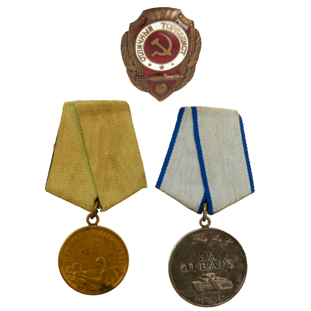 Original Soviet WWII Excellent Torpedo Operator Badge, Wartime Medal “for Courage / Valor”, & Wartime “For the Defense of Leningrad” Medal