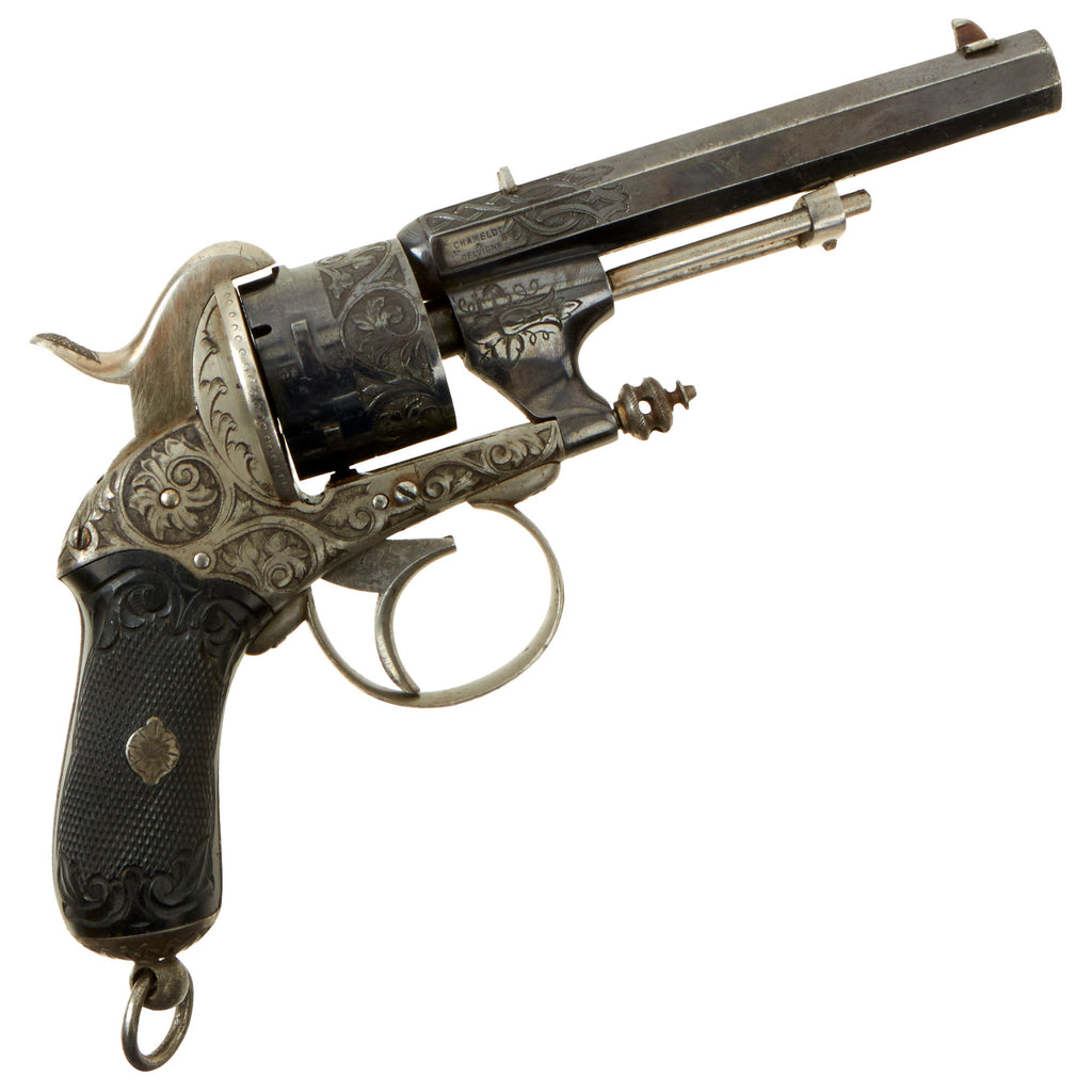 Original Ornate Belgian Chamelot-Delvigne 9mm Pinfire Revolver with 1868 Shooting Prize Presentation Inscription to French Chasseur