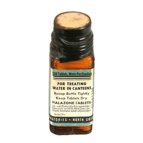 Original U.S. WWII Bottle of 100 Halazone Water Purification Tablets for Treating Water in Canteens - As Used in Jungle First Aid Kits & Vehicle Kits Original Items