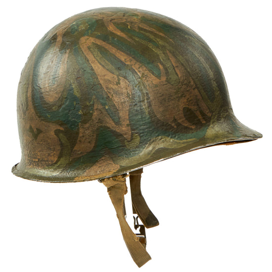 Original U.S. WWII Personalized Camouflaged Front Seam Fixed Bale M1 Helmet with CAPAC Liner - Forest Style Camo Original Items