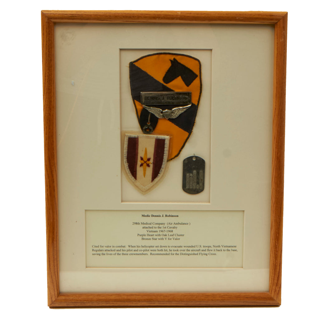 Original U.S. Vietnam War 1st Cavalry 298th Medical Company Shadowbox with Incountry Made SSI & Pocket Hanger with Dog Tag