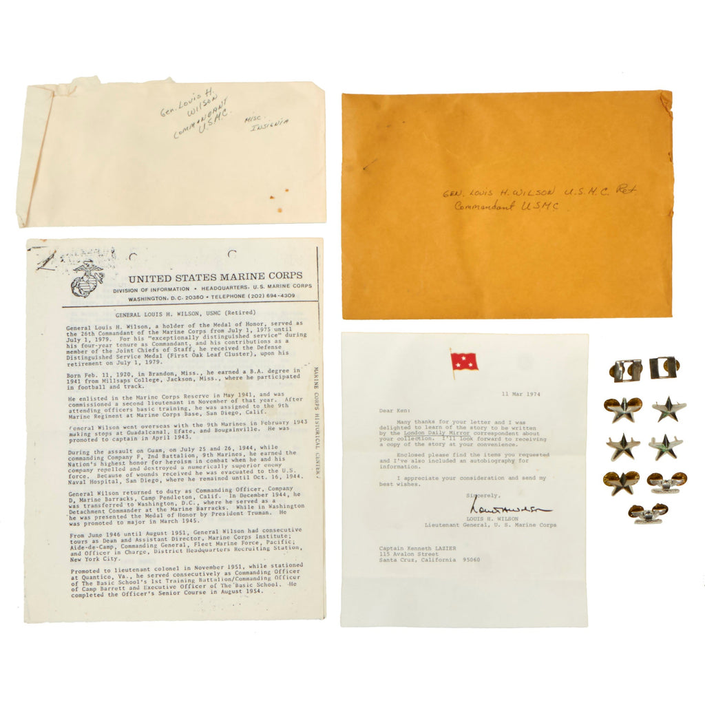 Original U.S. WWII U.S.M.C. Commandant General Louis Wilson Medal of Honor Recipient Insignia Lot with Signed Provenance Letter Original Items