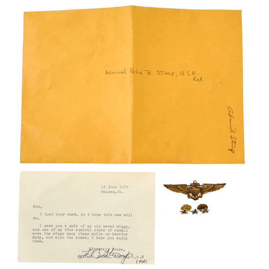Original U.S. WWII Navy Admiral Felix Stump Naval Aviator Wings & Vice Admiral’s Stars With Signed Provenance Note Original Items