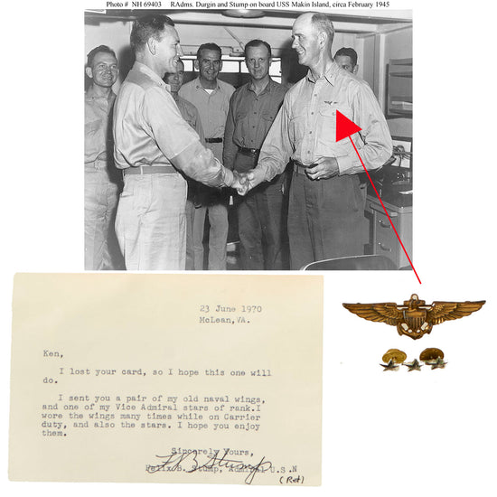 Original U.S. WWII Navy Admiral Felix Stump Naval Aviator Wings & Vice Admiral’s Stars With Signed Provenance Note Original Items