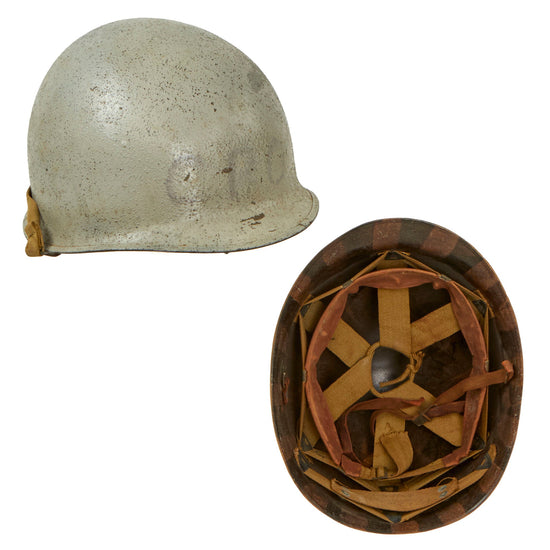 Original U.S. WWII US Named Navy M1 Helmet with Westinghouse Liner - Original Period Applied Haze Gray Paint Original Items