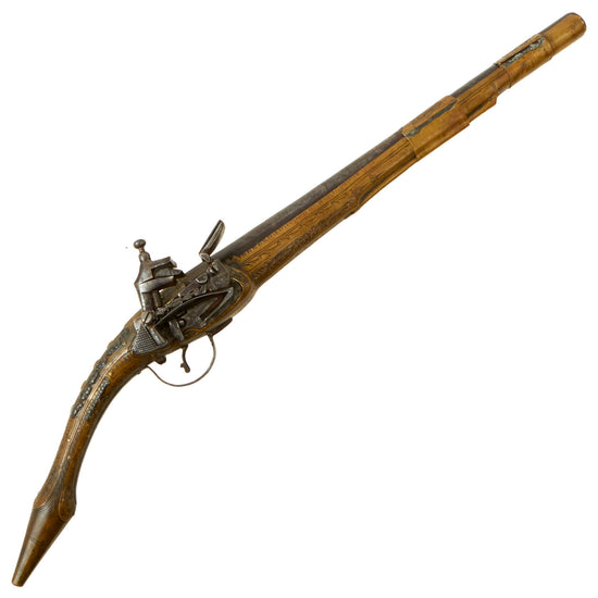 Original 19th Century Balkan Embossed Brass Clad Miquelet Lock Rat Tail "Pirate" Pistol - circa 1800 - 1820 Original Items