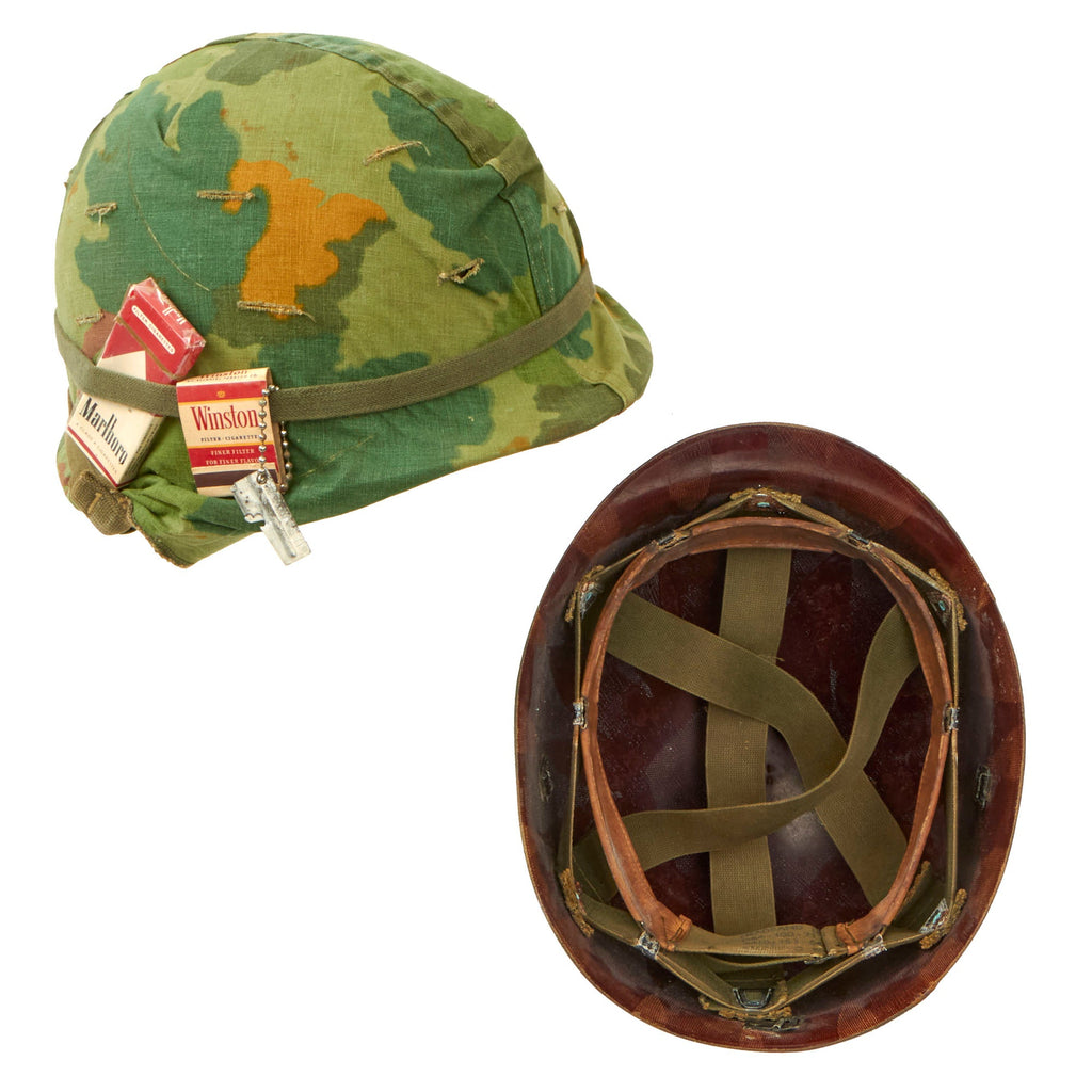 Original U.S. Vietnam War M1 Helmet with 1965 Dated Camouflage Cover and Liner With Unopened Ration Marlboro Cigarettes Original Items