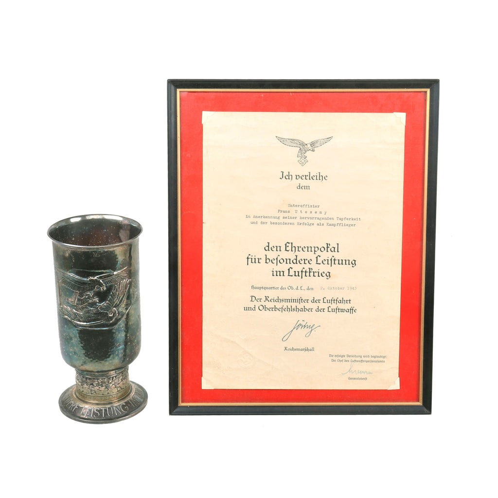 Original Rare German WWII Luftwaffe Honor Goblet and Award Document Named to Unteroffizier Franz Uteseny - Presented October 2, 1943 Original Items