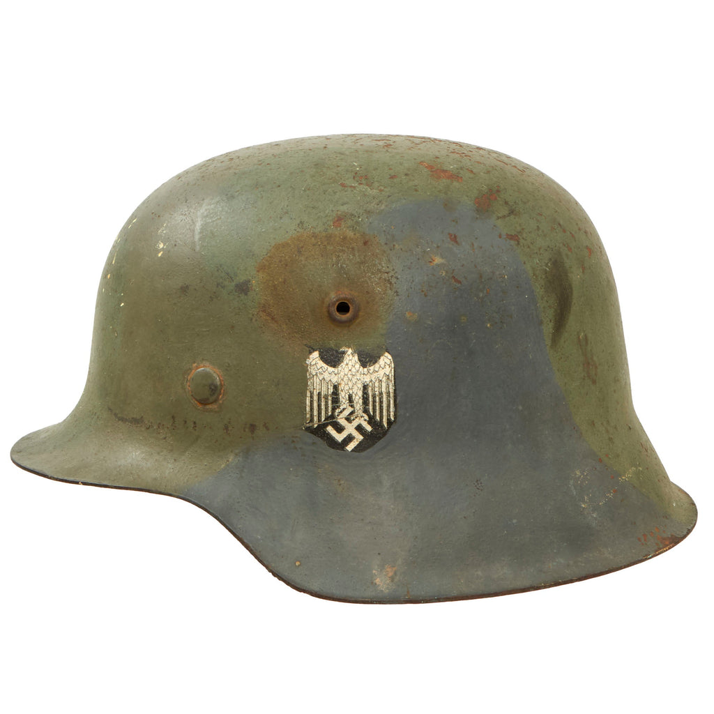 Original German WWII Battle Damaged M42 Single Decal Army Heer Helmet Shell with Period Camouflage - stamped ckl64 Original Items