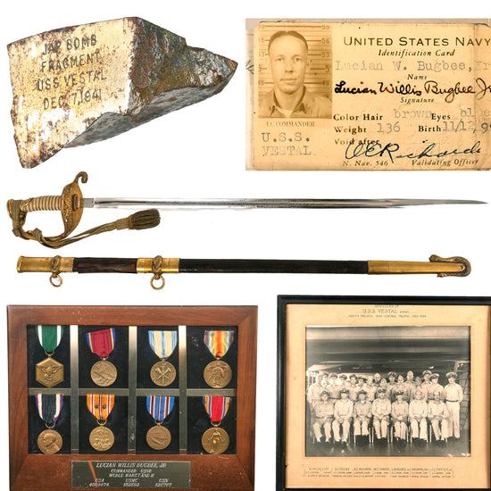 Original U.S. WWII Pearl Harbor Attack USS Vestal Bomb Fragment with Engraving & Effects of Pearl Harbor Survivor Commander Lucian Willis Bugbee Including Naval Officer’s Sword & Medals