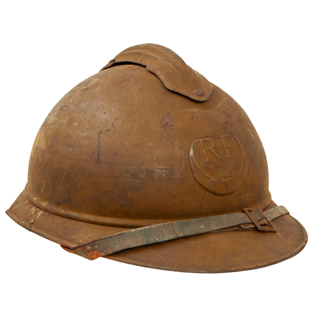 Original Rare French WWI Model 1915 Adrian Helmet Shell with Zouave & Tirailleurs RF Badge and Chinstrap Original Items