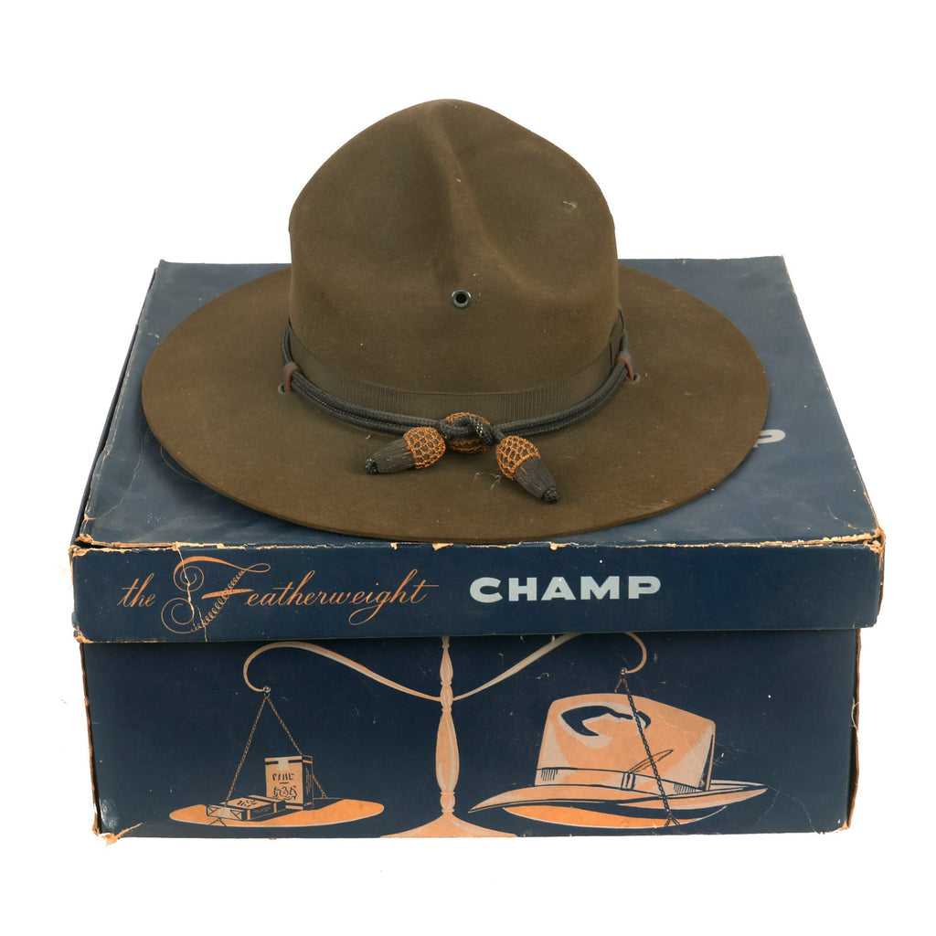 Original U.S. WWII Officers Private Purchase Campaign Hat with Officer’s Cord & Chinstrap in Original Box - The Featherweight Champ Original Items