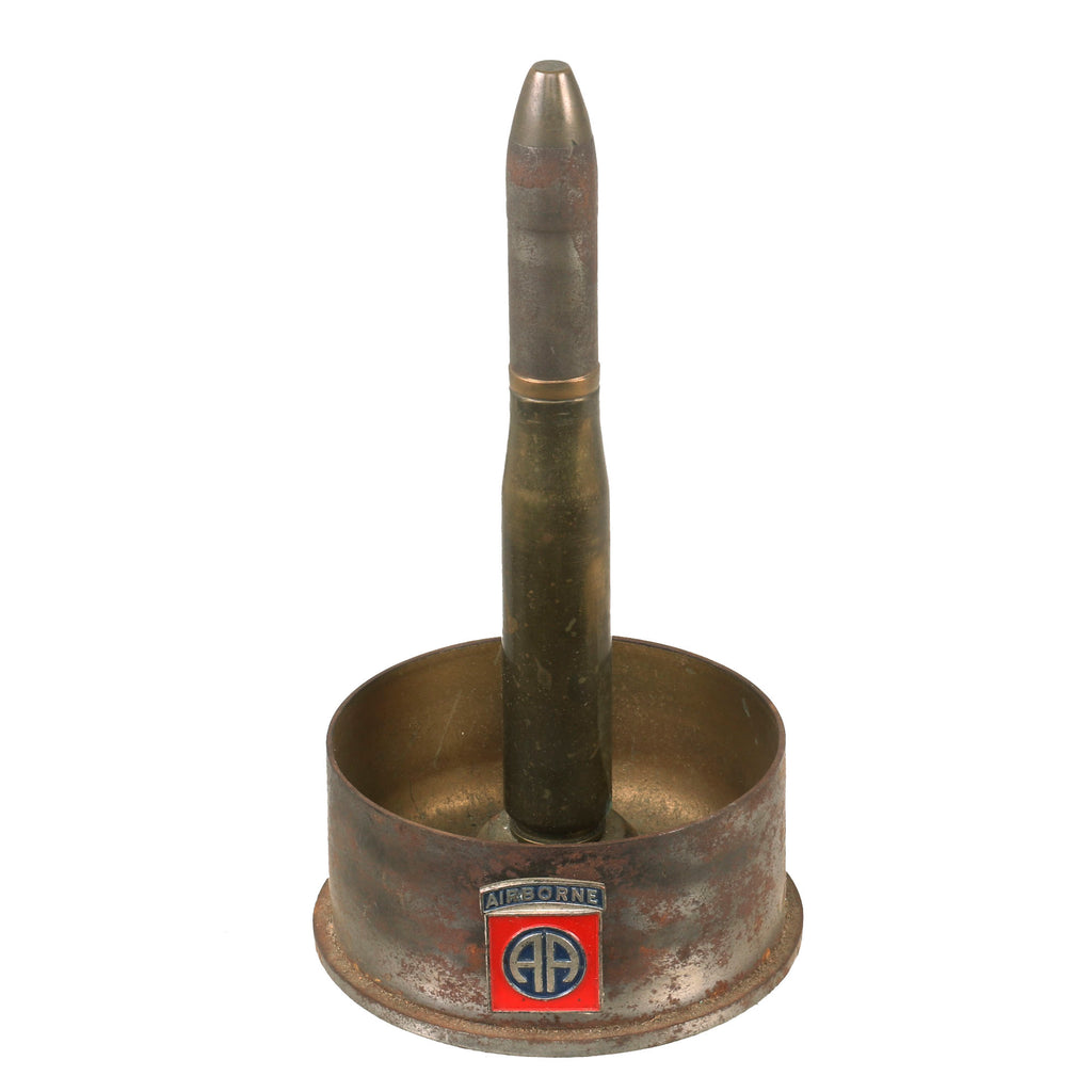 Original U.S. WWII Inert 82nd Airborne Division German 88cm Shell Casing Trench Art Ashtray with Theatre Made Insignia