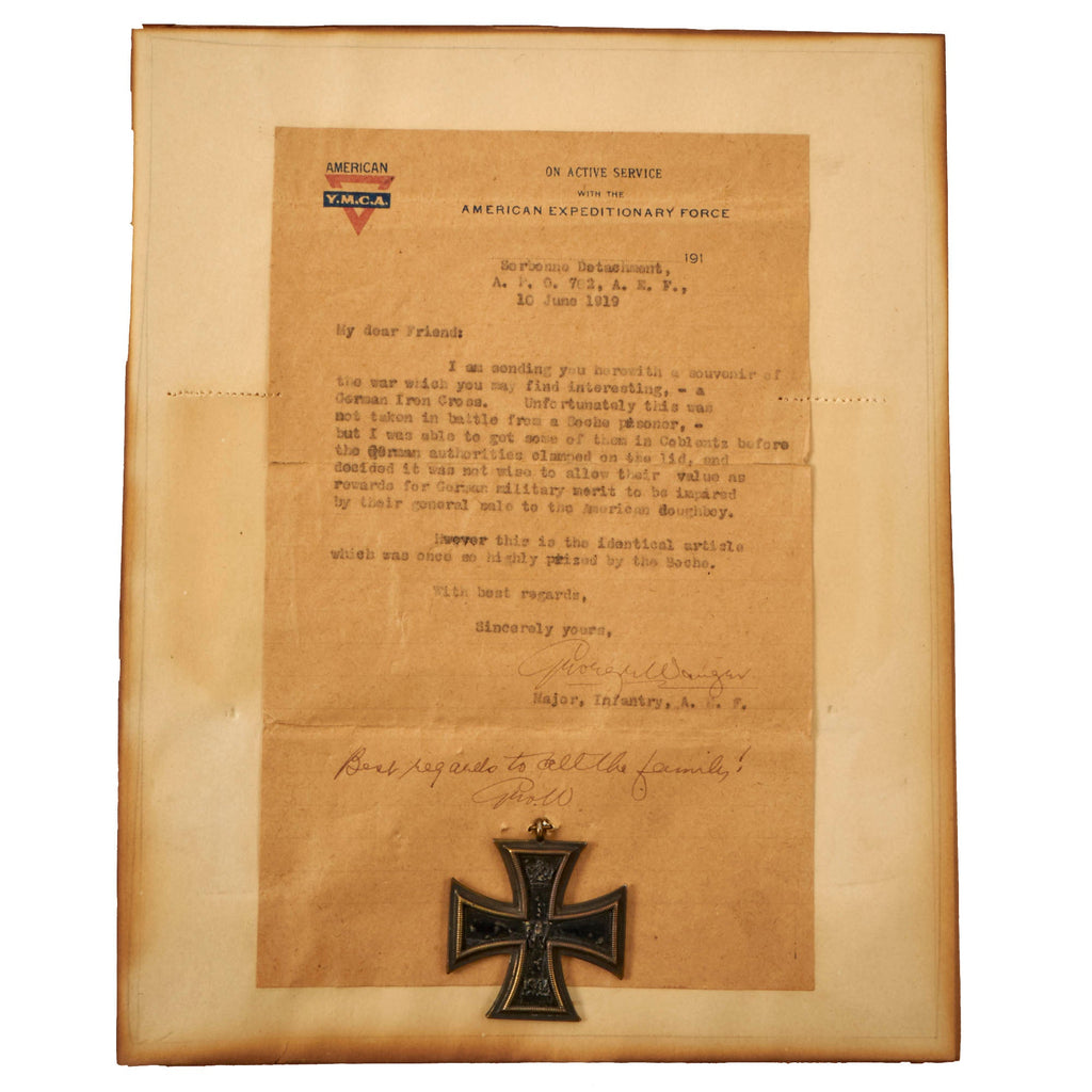 Original U.S. WWI Framed Captured Souvenir German Iron Cross 2nd Class EKII with YMCA Letter Sent Home - 8 ⅞" x 10 ⅞” Original Items