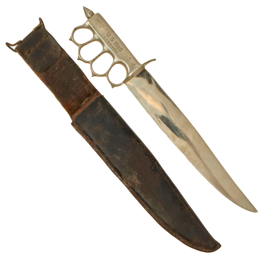 Original U.S. WWI M1918 Mark I Modified Trench Knife by L. F. & C. Modified with Bowie Blade with Original Leather Scabbard Original Items