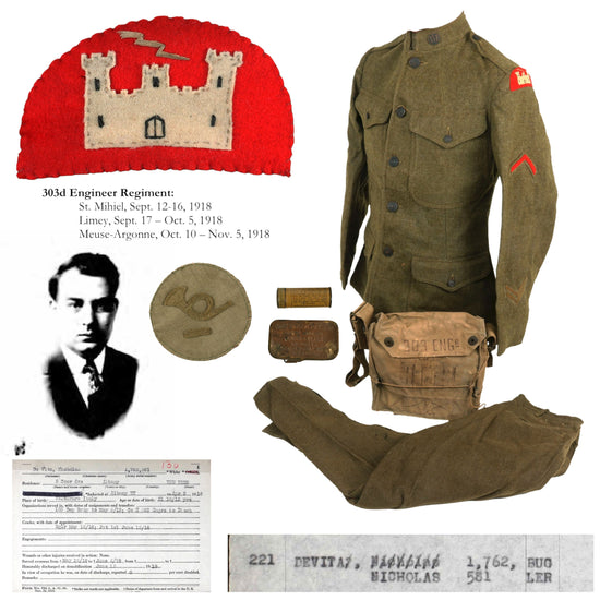 Original U.S. WWI Phenomenal Identified 78th Division Engineer Uniform Grouping with One-of-a-Kind Patch & Decorated SBR Gas Mask to Italian-Born Immigrant - 303rd Engineer Regiment