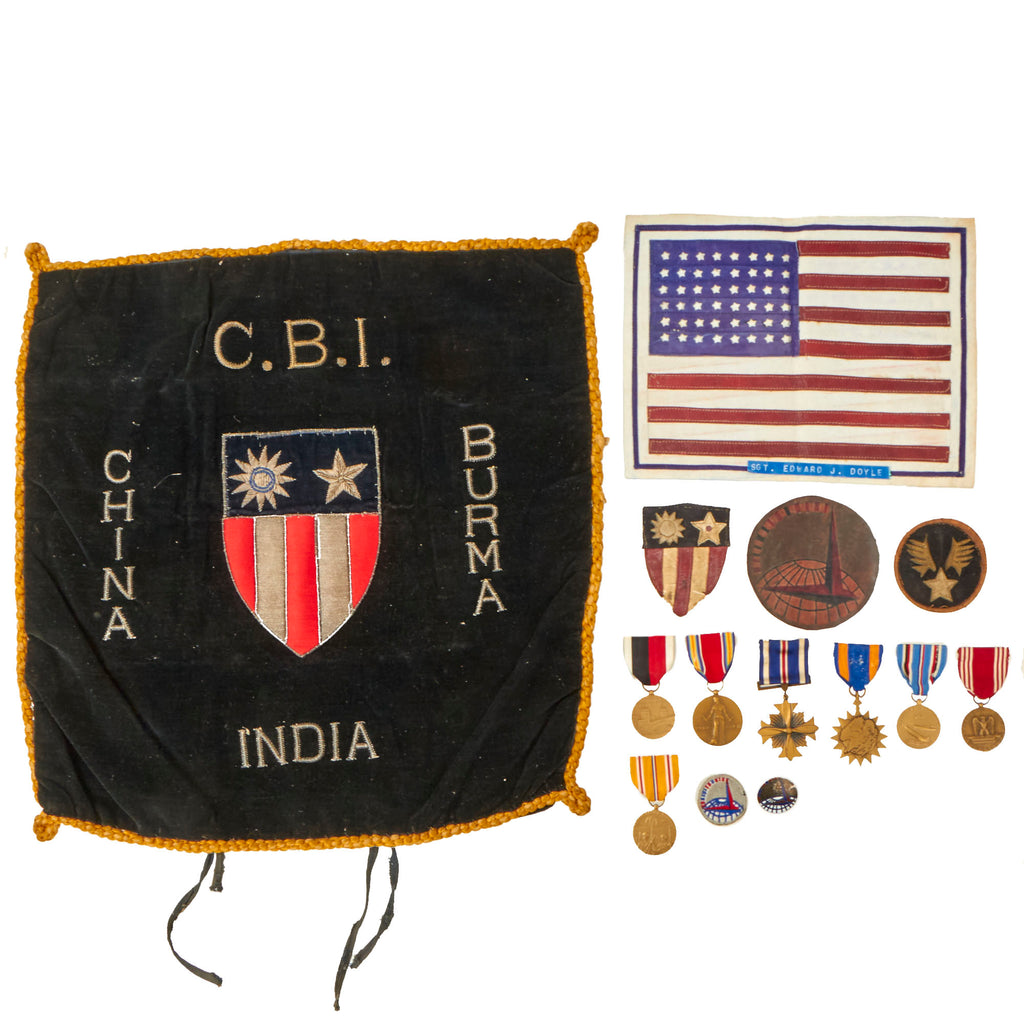 Original U.S. WWII Named CBI Air Transport Command Theater-Made Patch & Medal Grouping - American Flag Multi-Piece Leather Patch