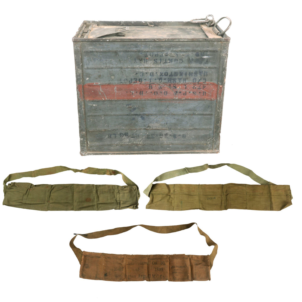 Original U.S. WWII Small Arms M1906 .30cal Ball Cartridge Metal Ammunition Crate with Bandoleers Original Items