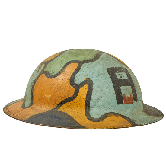 Original U.S. WWI Scarce Named 14th Engineers Camouflage Painted M1917 Doughboy Helmet - Complete - Among First Troops to Arrive at the Front Original Items