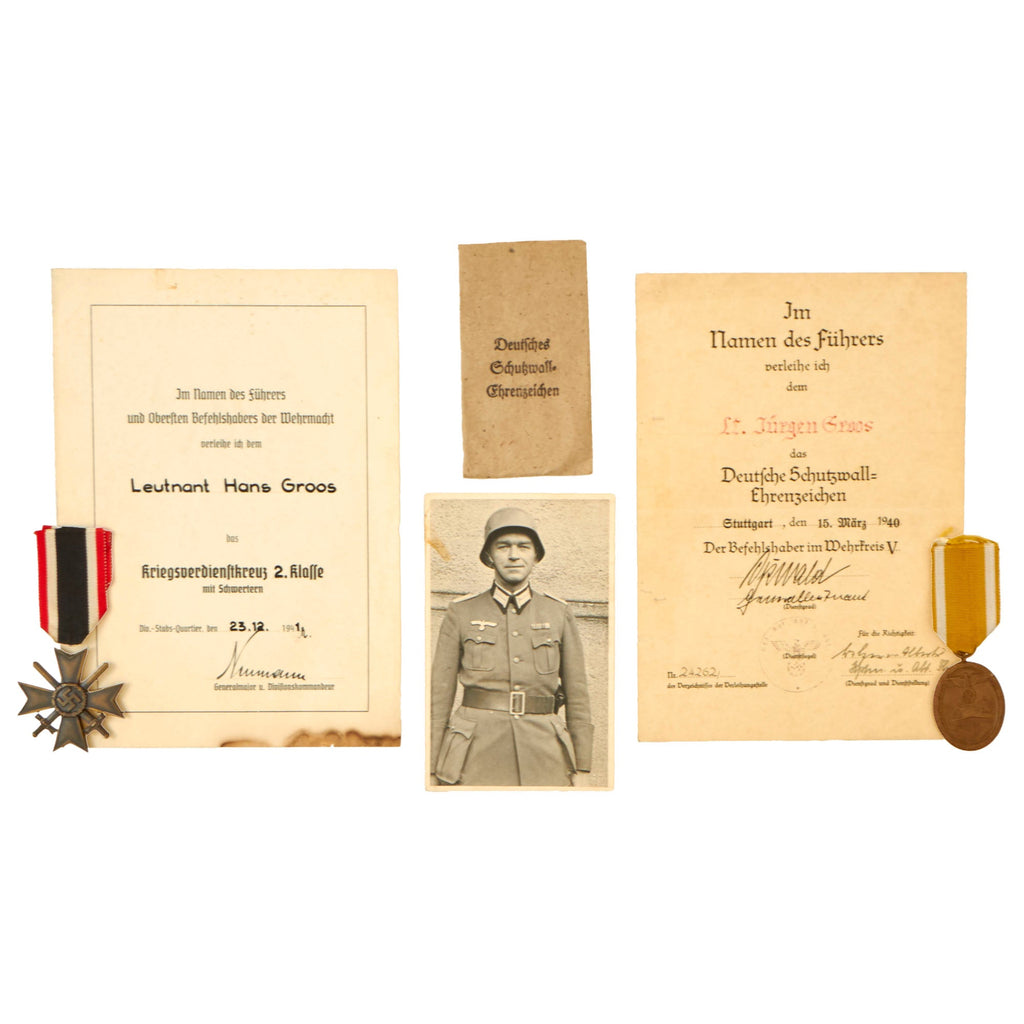 Original German WWII War Merit Cross & West Wall Medal with Documents & Photo Named to Leutnant Hans Groos, 697th Artillery Regiment Original Items