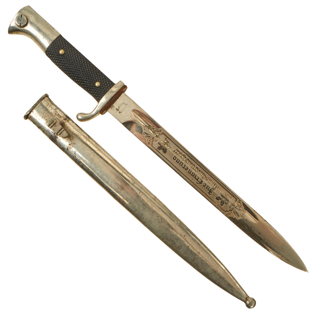 Original German WWII Heer Single Etched Long 98k Dress Bayonet by Arthur Evertz with Nickel Plated Scabbard