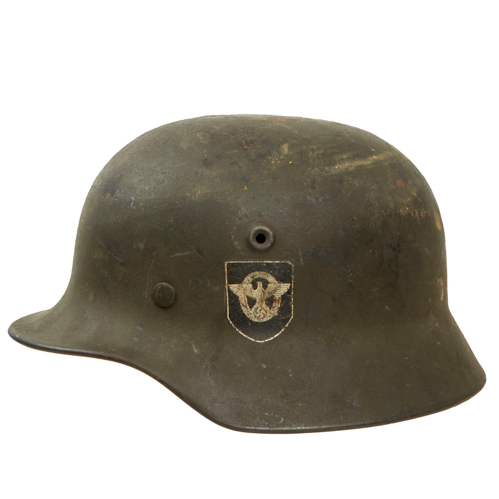 Original German WWII Double Decal NSDAP Civic Police M40 Steel Combat Helmet with 1943 Dated 57cm Liner & Chinstrap - Q64 Original Items