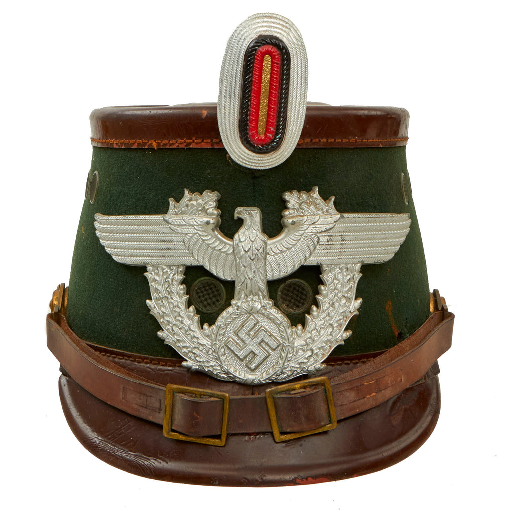 Original German WWII Late Pattern Rural Police Shako with Leather Chinstrap & Post-War Feldzeichen Original Items