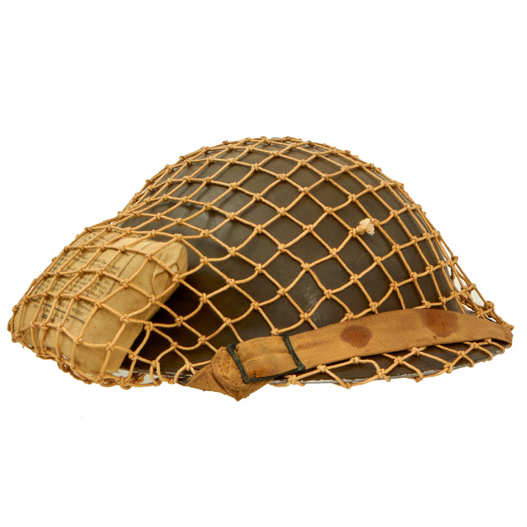 Original Canadian WWII Brodie MkII Steel Helmet by Aluminum Goods Company of Toronto-Complete with Helmet Net and Field Dressing - Dated 1942 (Exclusive) Original Items