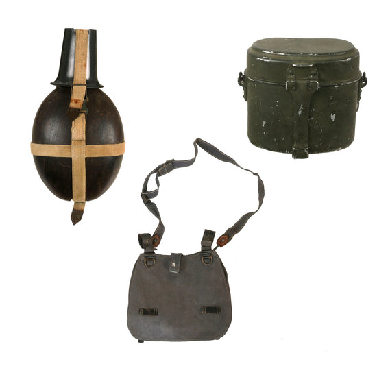 Original German WWII Field Gear Lot - 1941 Dated Luftwaffe Blue M31 Breadbag, Tropical Coconut Canteen, and Mess Kit Original Items