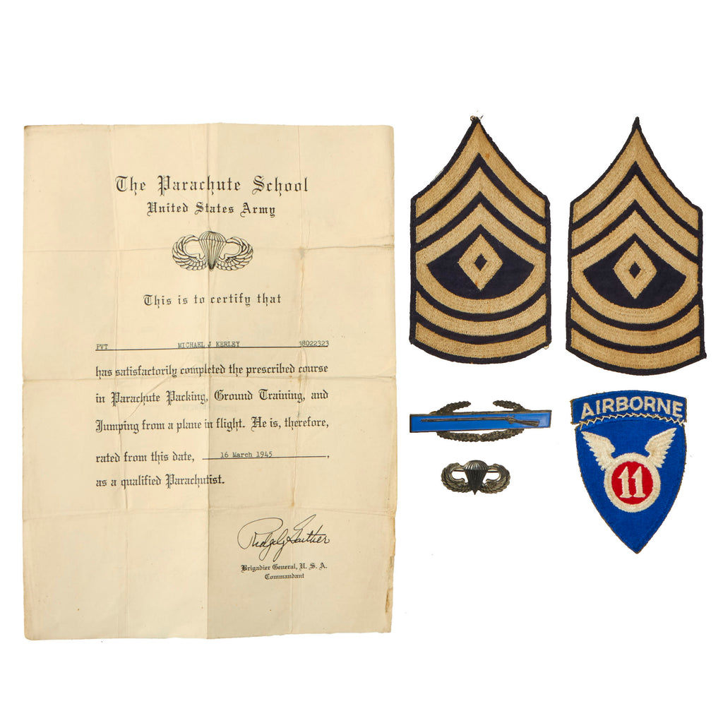 Original U.S. WWII 127th P.I.R. 11th Airborne Named Certificate & Insignia Grouping