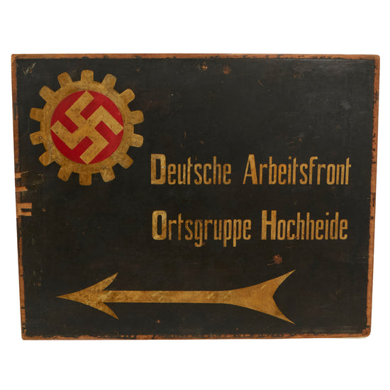 Original German WWII DAF Labor Front Ortsgruppe Hochheide Hand Painted Plywood Sign - 38 ½” × 30 ¾”