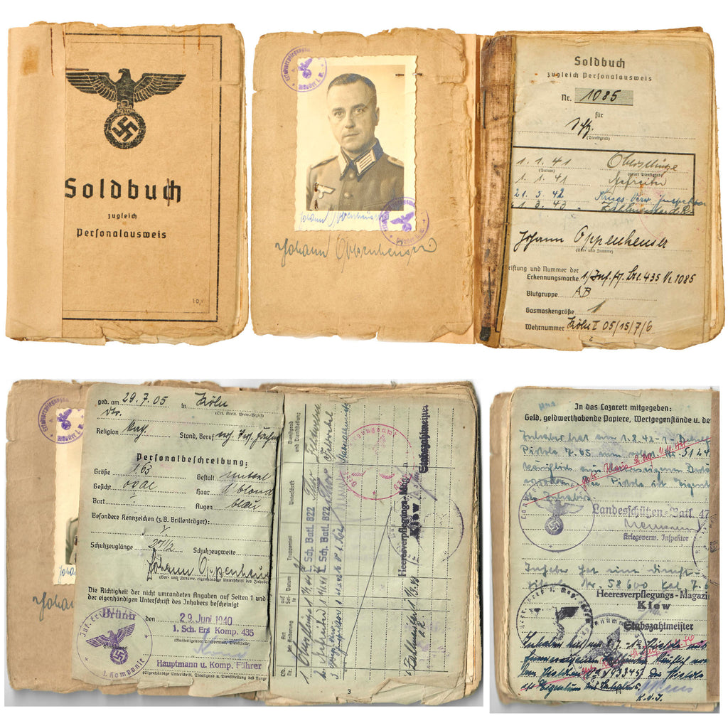 Original German WWII Soldbuch Soldier Identity & Payment Book for Johann Oppenheuser 215th Infantry Regiment- 435th Infantry Division Officer
