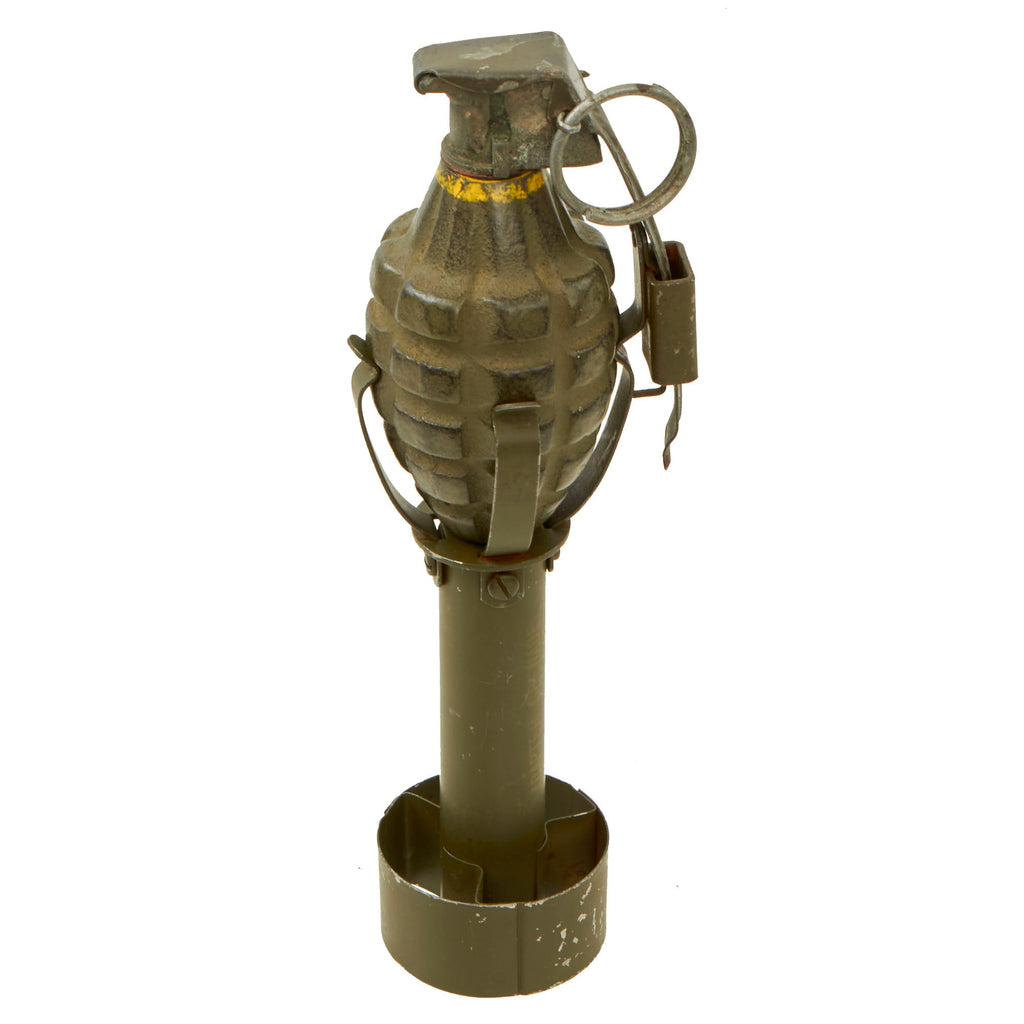 Original U.S. WWII Inert MkII Pineapple Grenade in 1945 dated M1 Rifle Grenade Adapter Original Items