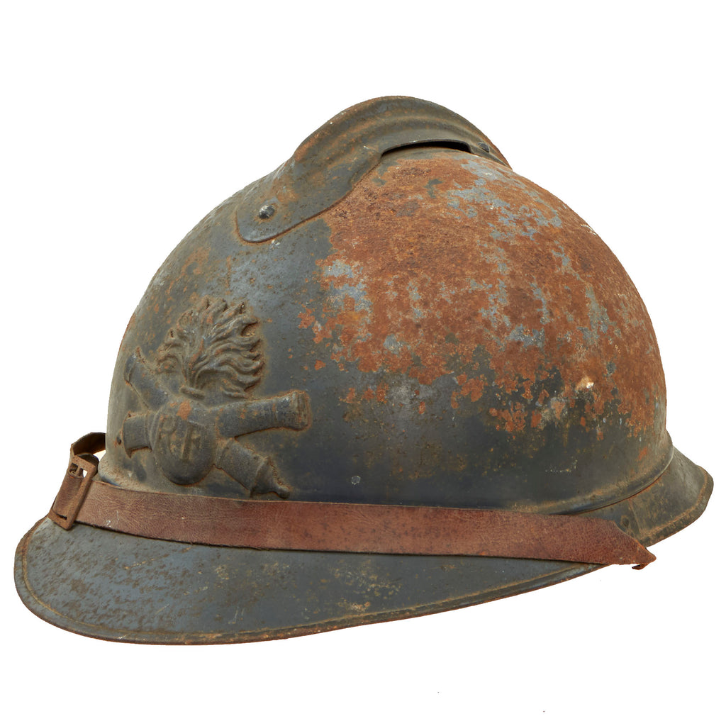 Original French WWI Model 1915 Adrian Helmet in Horizon Blue with Artillery RF Badge and Scarce 1st Pattern Liner - Complete