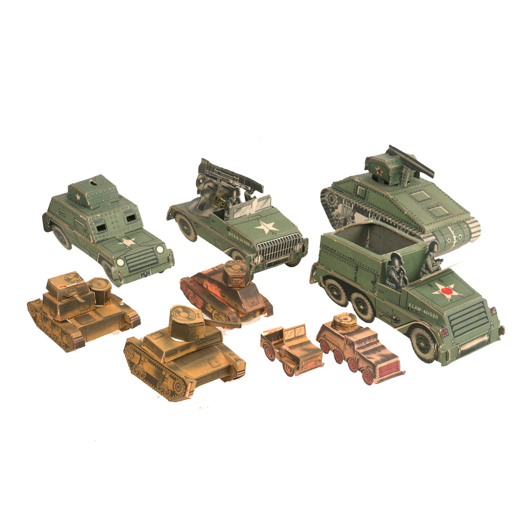 Original U.S. WWII Wartime Economy Paper / Cardboard Toy Tank & Vehicle Collection of 9