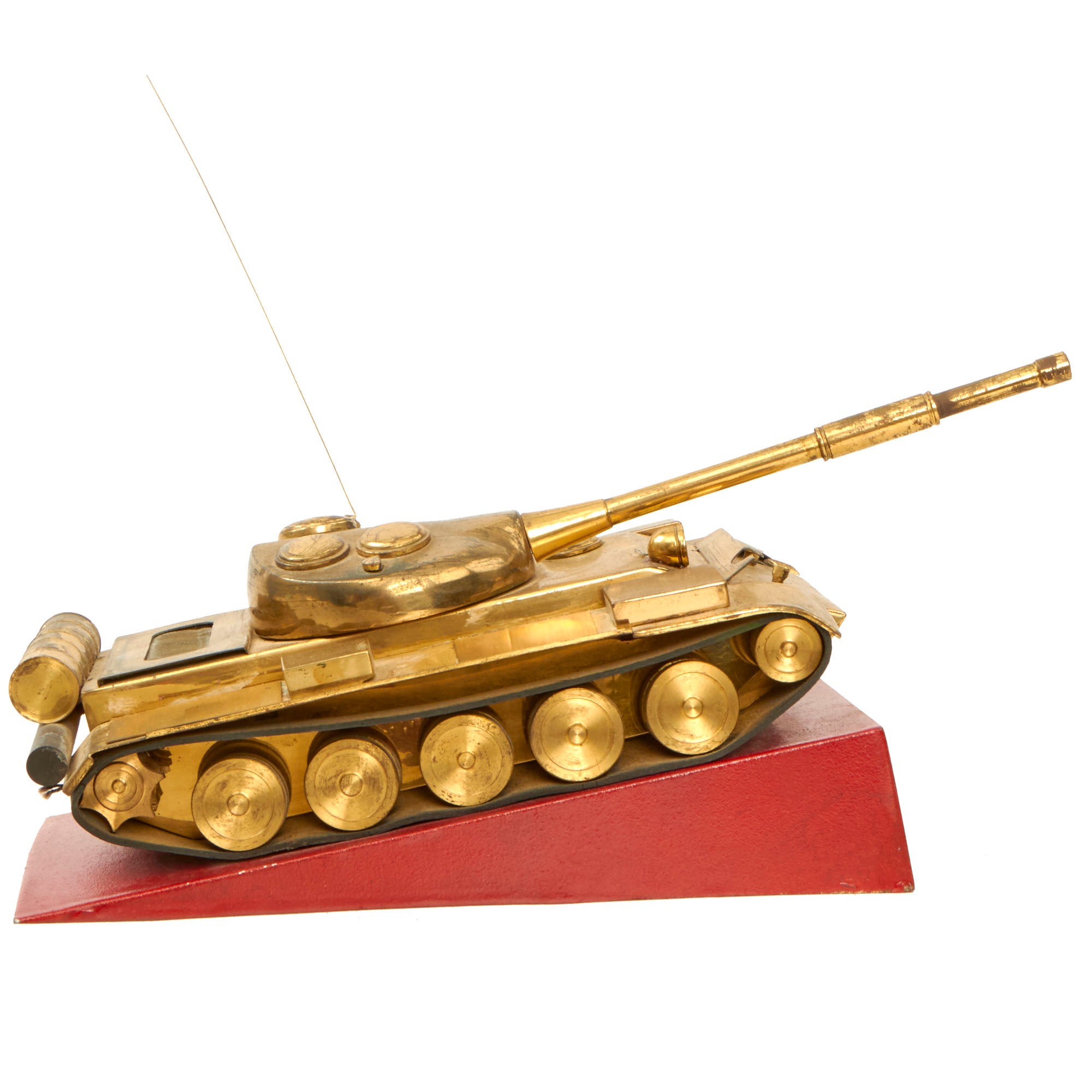 Original Soviet Cold War Era T-55 Tank Brass Desk Model On Steel Base 