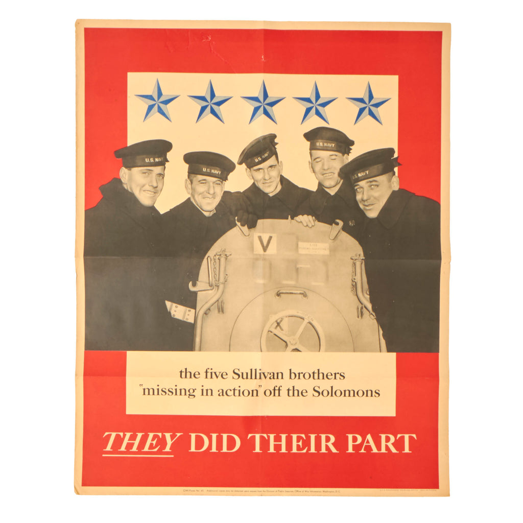 Original U.S. WWII Office of War Information 1943 Propaganda Poster - Sullivan Brothers, They Did Their Part - 22 x 28”