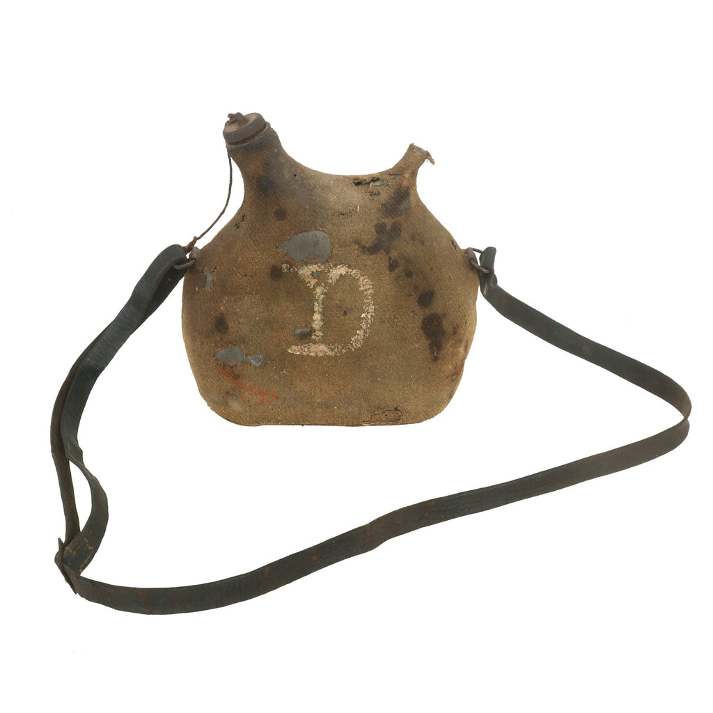 Original French WWI U.S. 26th Division Painted Model 1877 Canteen with Brown Cover & Shoulder Strap - Yankee Division Insignia Original Items