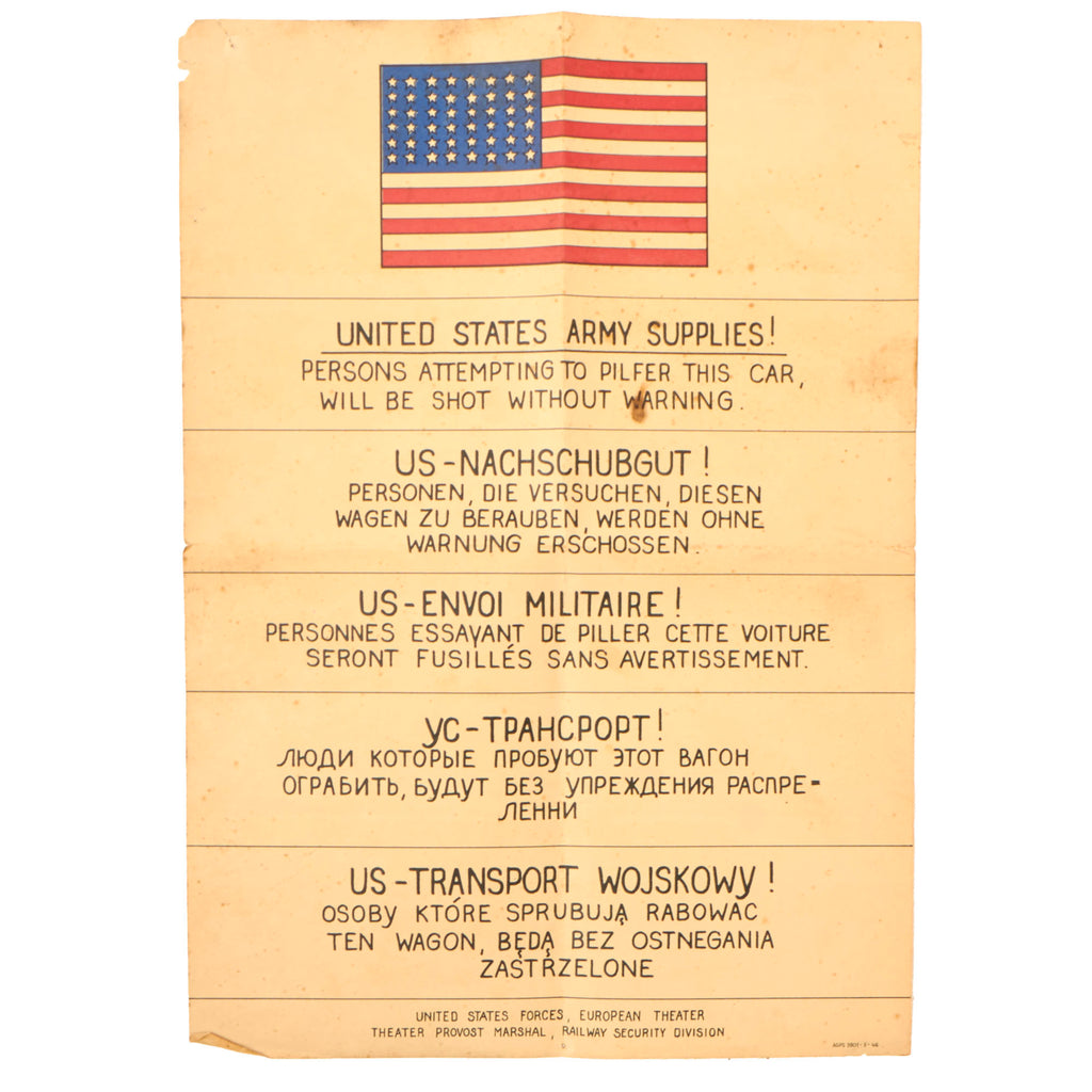 Original U.S. WWII Occupation Railway Security Poster in Five Languages - European Theater - 11¾ x 16½”